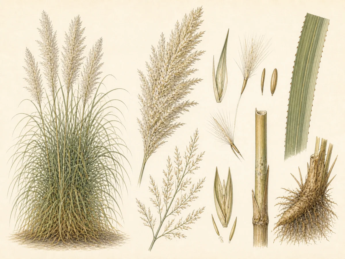 Prancha botânica complementar de Erva-das-pampas — não plantar (Cortaderia selloana) com caracteres de identificação e ciclo de vida