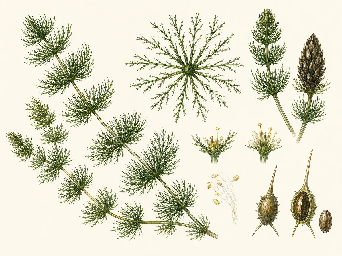 Prancha botânica complementar de Erva-do-peixe-dourado (Ceratophyllum demersum) com caracteres de identificação e ciclo de vida