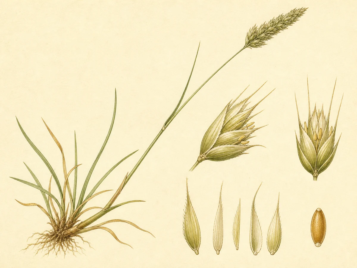 Prancha botânica complementar de Erva-doce-anual (Anthoxanthum aristatum subsp. aristatum) com caracteres de identificação e ciclo de vida