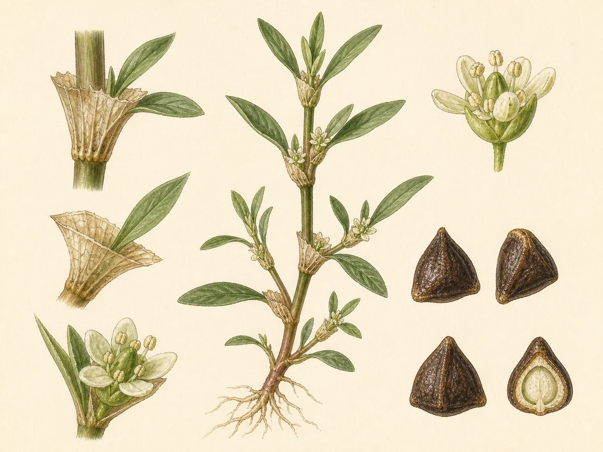 Prancha botânica complementar de Erva-dos-caminhos (Polygonum aviculare) com caracteres de identificação e ciclo de vida