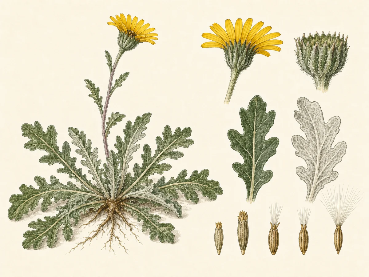 Prancha botânica complementar de Erva-gorda — não plantar (Arctotheca calendula) com caracteres de identificação e ciclo de vida