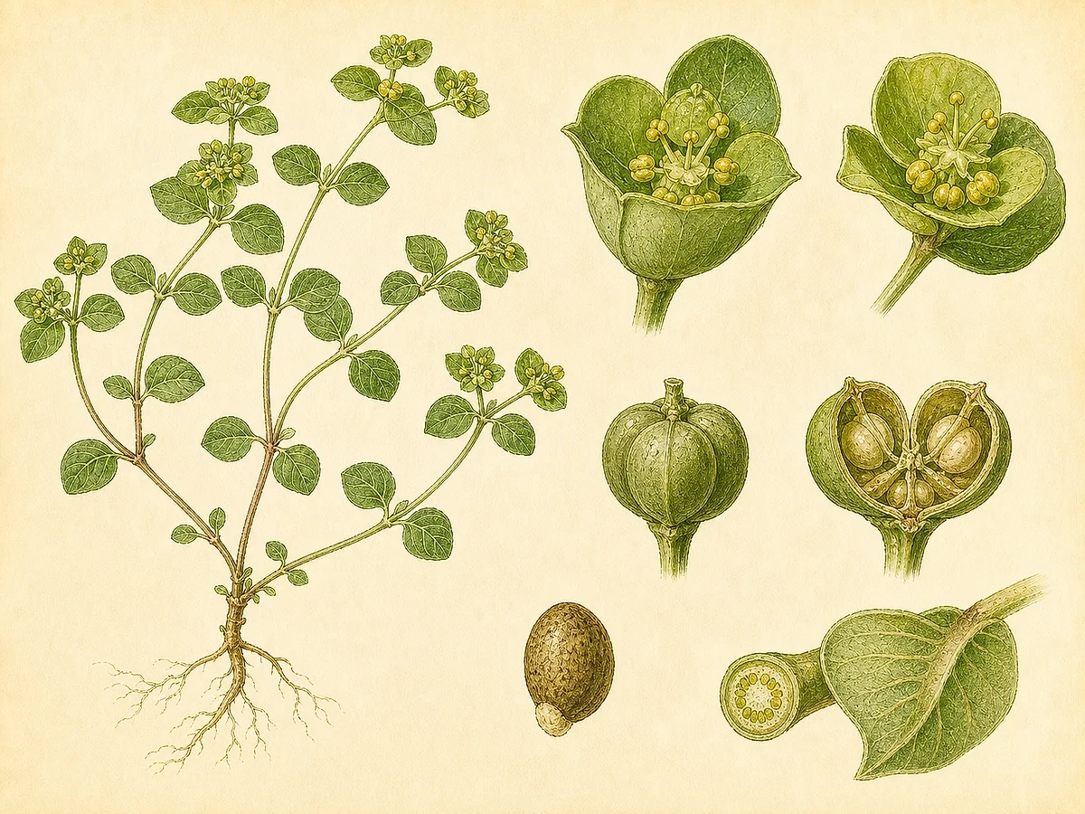 Prancha botânica complementar de Erva-leiteira (Euphorbia peplus) com caracteres de identificação e ciclo de vida