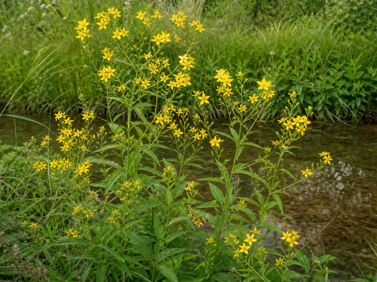 Prancha botânica complementar de Erva-moedeira (Lysimachia vulgaris) com caracteres de identificação e ciclo de vida