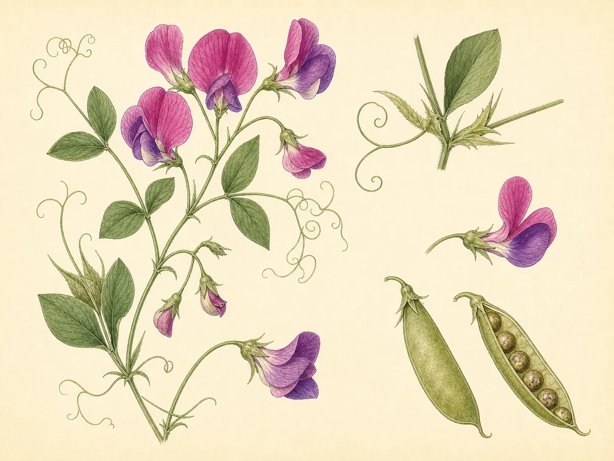 Prancha botânica complementar de Ervilha-de-cheiro (Lathyrus odoratus) com caracteres de identificação e ciclo de vida