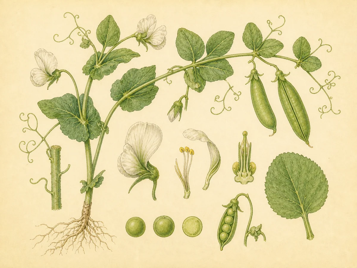 Prancha botânica complementar de Ervilha (Pisum sativum) com caracteres de identificação e ciclo de vida