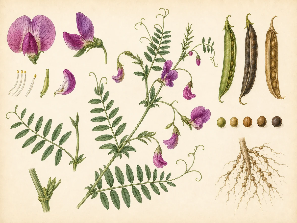 Prancha botânica complementar de Ervilhaca-comum (Vicia sativa) com caracteres de identificação e ciclo de vida