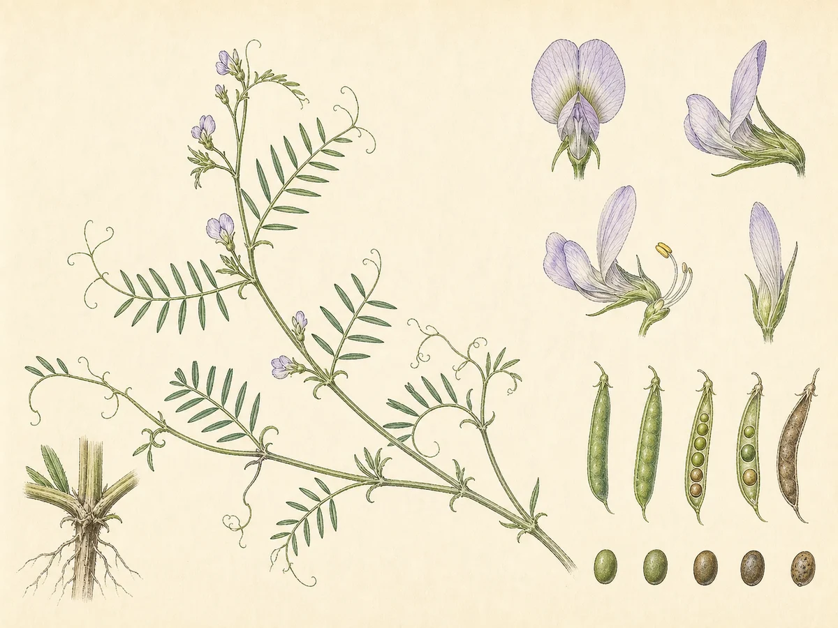 Prancha botânica complementar de Ervilhaca-dos-brejos (Vicia parviflora) com caracteres de identificação e ciclo de vida