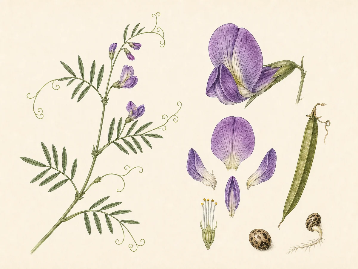 Prancha botânica complementar de Ervilhaca-miúda (Vicia angustifolia) com caracteres de identificação e ciclo de vida