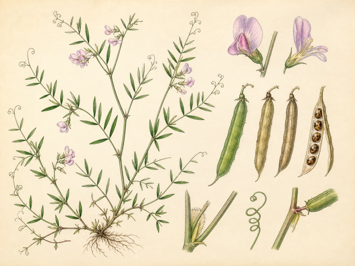 Prancha botânica complementar de Ervilhaca-parda (Vicia articulata) com caracteres de identificação e ciclo de vida