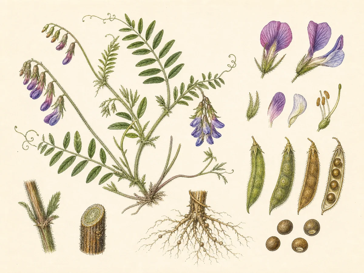 Prancha botânica complementar de Ervilhaca-peluda (Vicia villosa) com caracteres de identificação e ciclo de vida