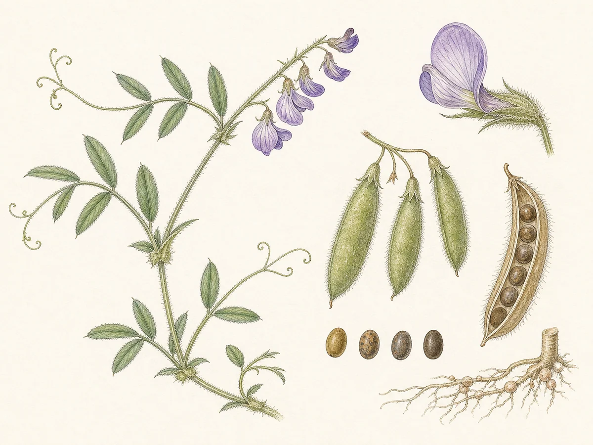 Prancha botânica complementar de Ervilhaca-pubescente (Vicia pubescens) com caracteres de identificação e ciclo de vida