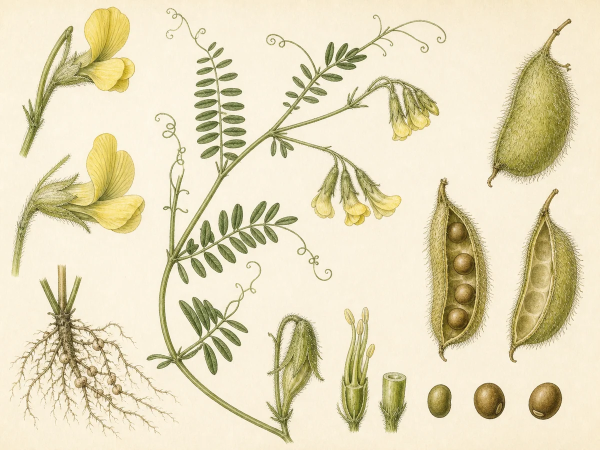 Prancha botânica complementar de Ervilhaca-roxa (Vicia lutea subsp. vestita) com caracteres de identificação e ciclo de vida