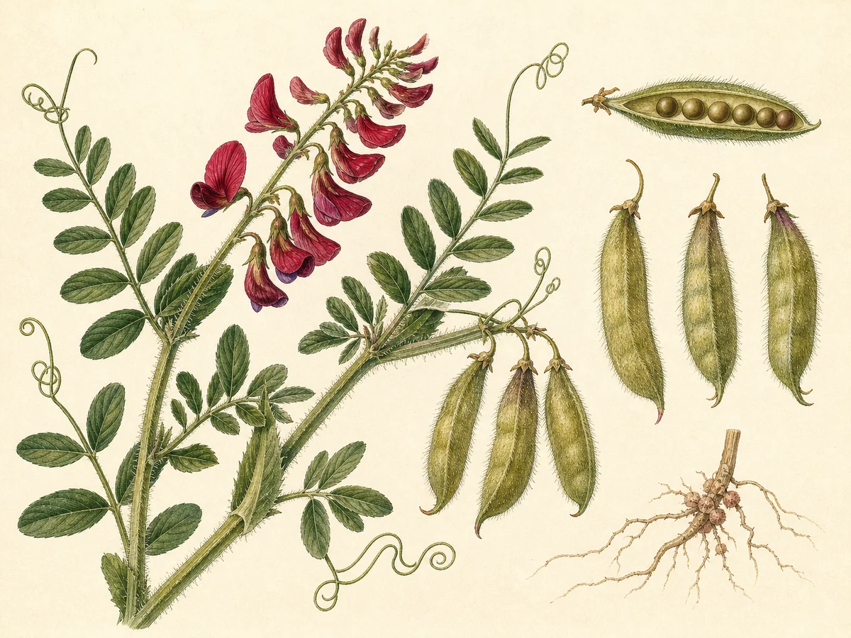 Prancha botânica complementar de Ervilhaca-vermelha (Vicia benghalensis) com caracteres de identificação e ciclo de vida