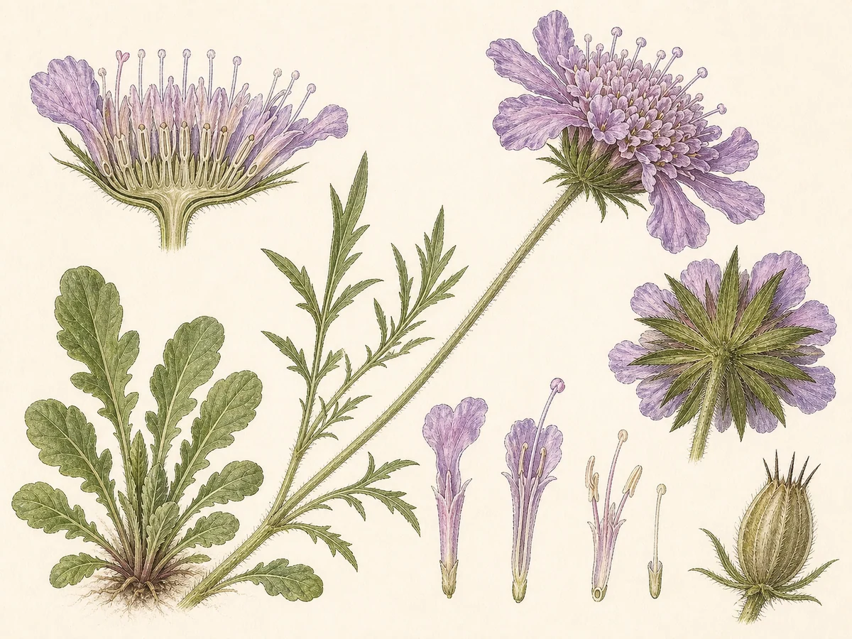 Prancha botânica complementar de Escabiosa (Scabiosa atropurpurea) com caracteres de identificação e ciclo de vida