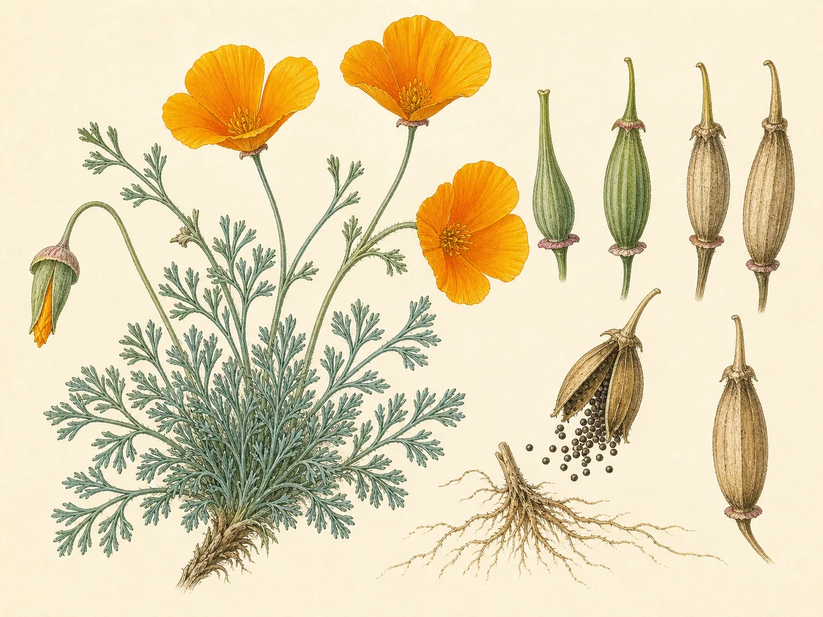 Prancha botânica complementar de Eschscholzia californica — não plantar na Madeira (Eschscholzia californica) com caracteres de identificação e ciclo de vida