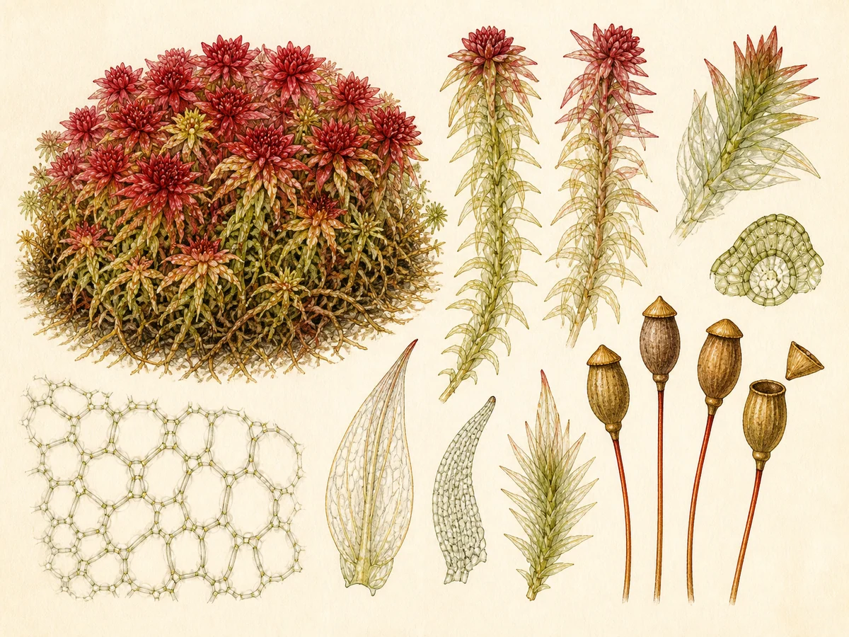 Prancha botânica complementar de Esfagno-capilar (Sphagnum capillifolium) com caracteres de identificação e ciclo de vida