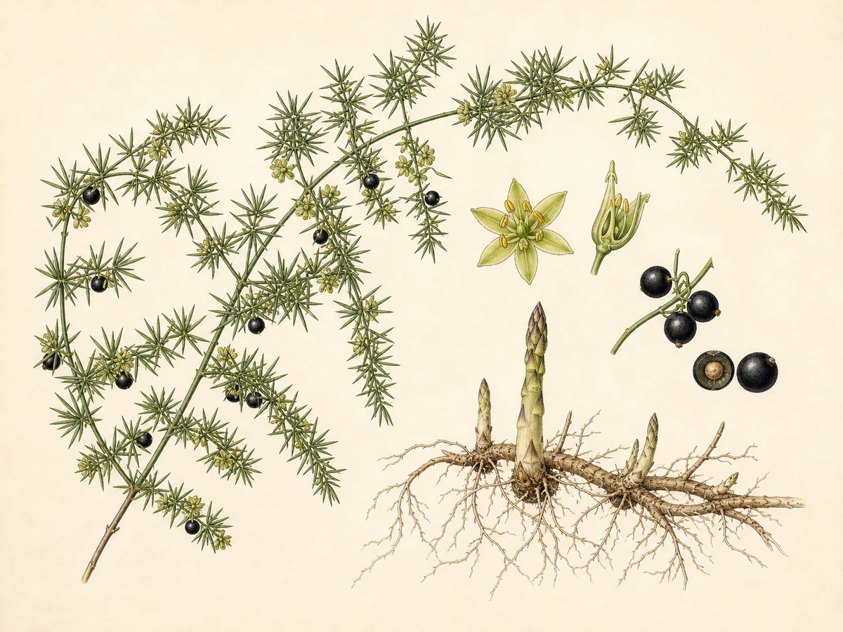 Prancha botânica complementar de Espargo-bravo (Asparagus acutifolius) com caracteres de identificação e ciclo de vida