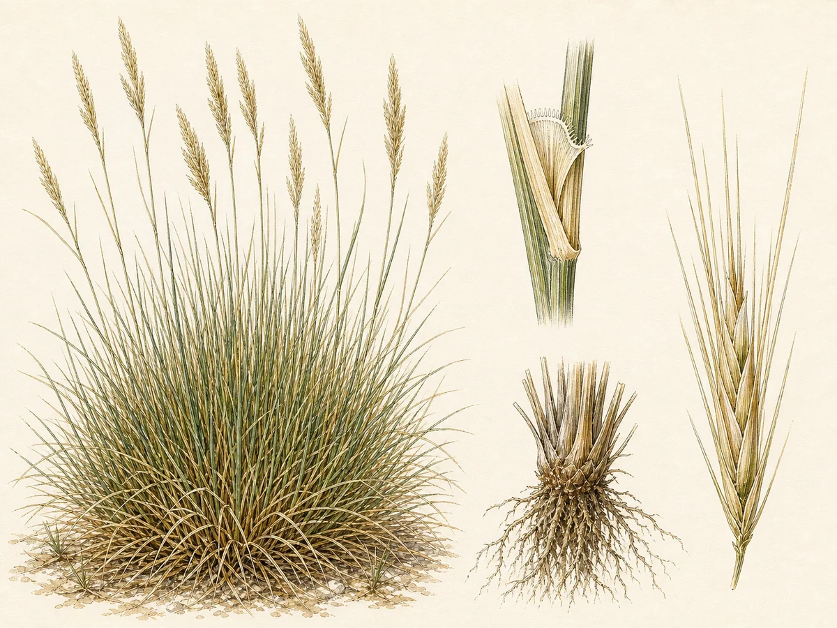 Prancha botânica complementar de Esparto (Stipa tenacissima) com caracteres de identificação e ciclo de vida