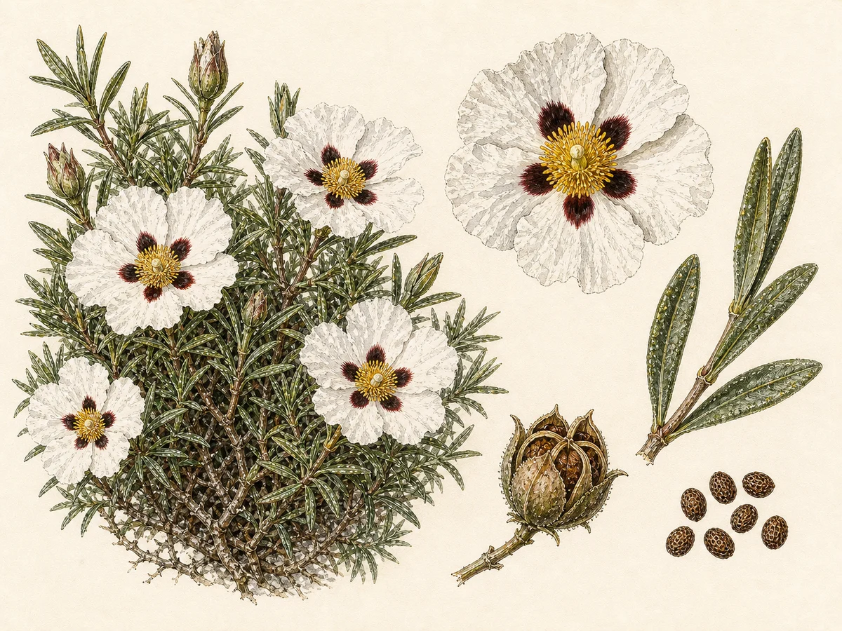 Prancha botânica complementar de Esteva-de-Sagres (Cistus ladanifer subsp. sulcatus) com caracteres de identificação e ciclo de vida