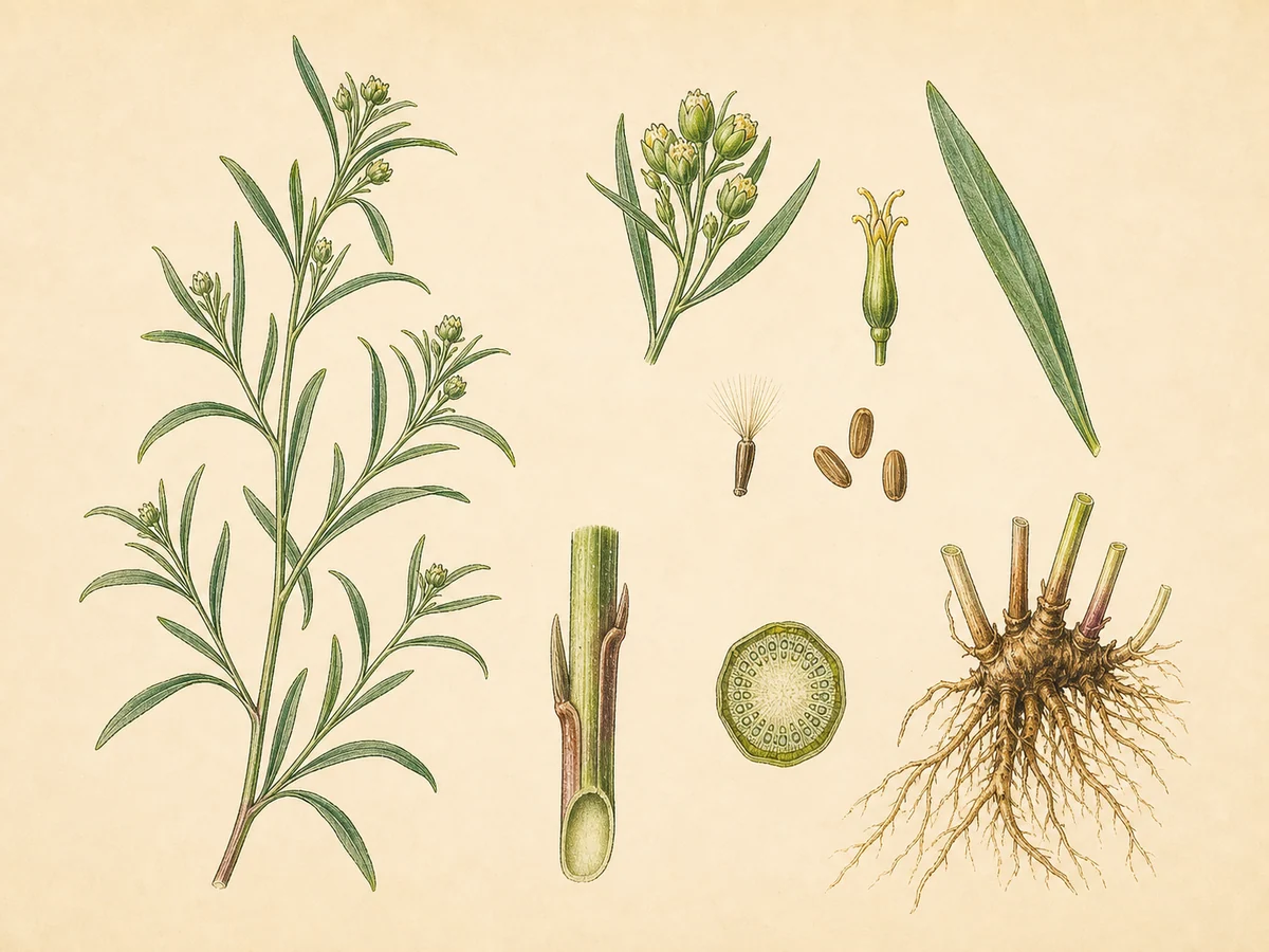 Prancha botânica complementar de Estragão-francês (Artemisia dracunculus) com caracteres de identificação e ciclo de vida