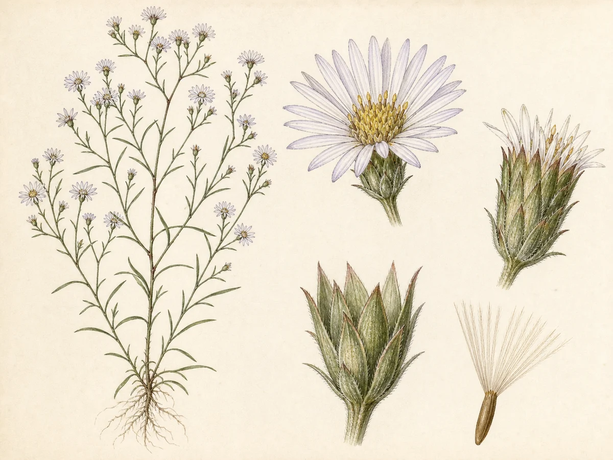 Prancha botânica complementar de Estrela-comum — não plantar (Aster squamatus) com caracteres de identificação e ciclo de vida