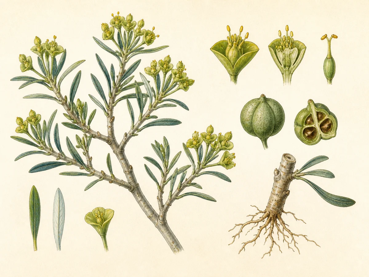 Prancha botânica complementar de Eufórbia-de-Gomes-Pedro (Euphorbia pedroi) com caracteres de identificação e ciclo de vida
