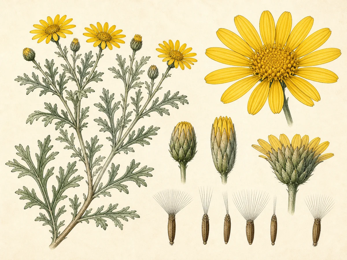 Prancha botânica complementar de Euryops-margarida (Euryops chrysanthemoides) com caracteres de identificação e ciclo de vida