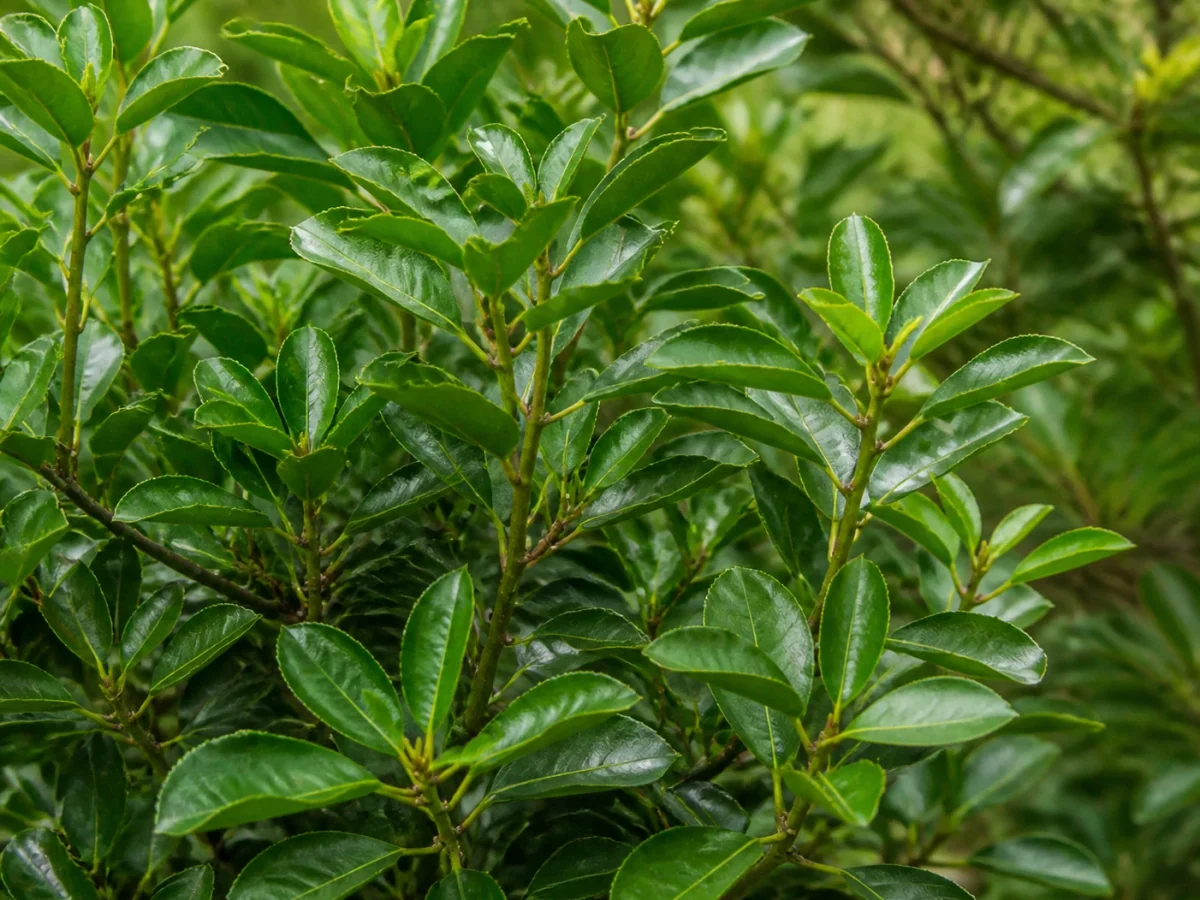 Prancha botânica complementar de Evónimo-do-Japão (Euonymus japonicus) com caracteres de identificação e ciclo de vida