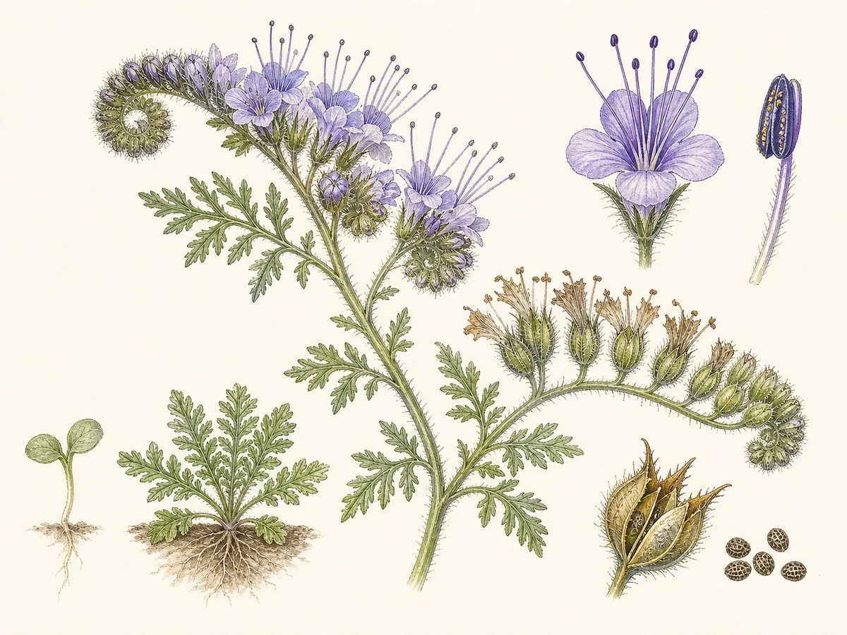 Prancha botânica complementar de Facélia (Phacelia tanacetifolia) com caracteres de identificação e ciclo de vida