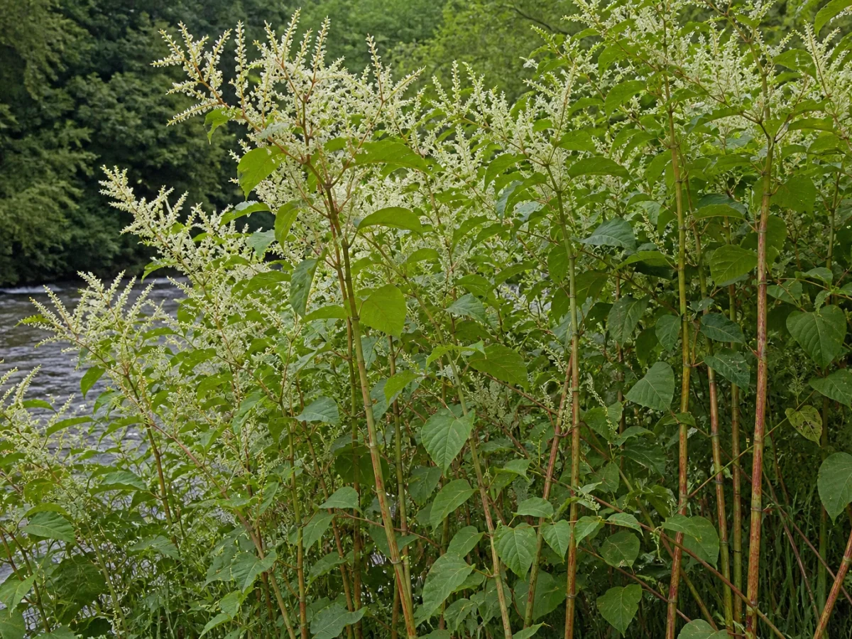 Prancha botânica complementar de Fallopia × bohemica — não plantar (Fallopia × bohemica) com caracteres de identificação e ciclo de vida