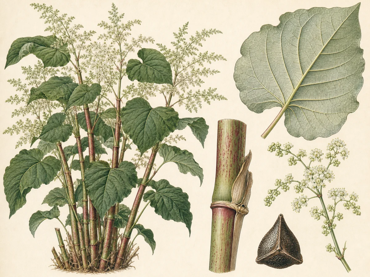 Prancha botânica complementar de Fallopia sachalinensis — não plantar (Fallopia sachalinensis) com caracteres de identificação e ciclo de vida
