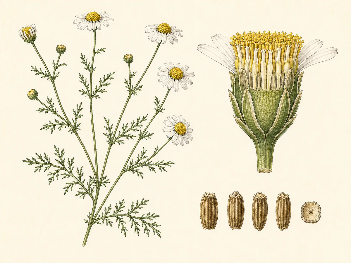 Prancha botânica complementar de Falsa-camomila (Anthemis arvensis) com caracteres de identificação e ciclo de vida