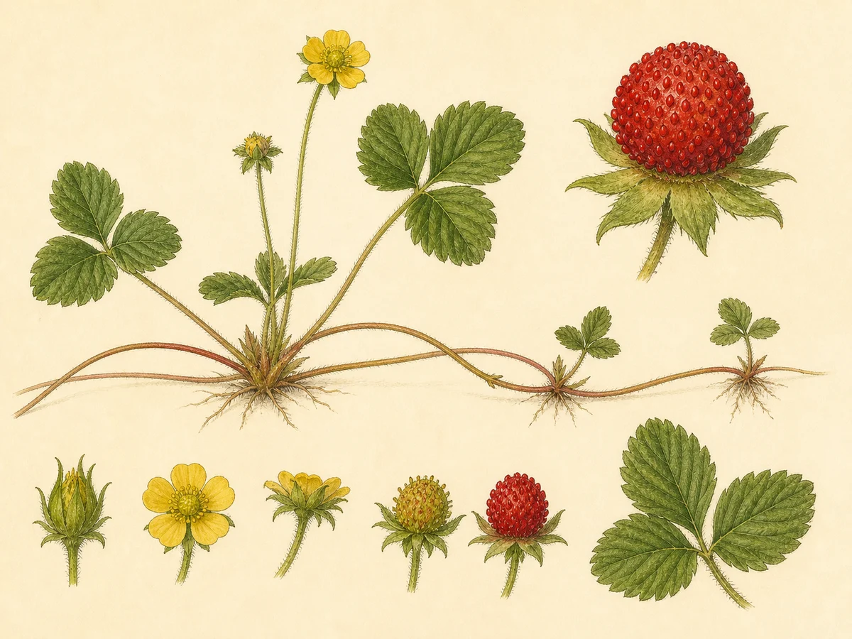 Prancha botânica complementar de Falso-morangueiro-da-índia — exceção madeirense documentada (Duchesnea indica) com caracteres de identificação e ciclo de vida