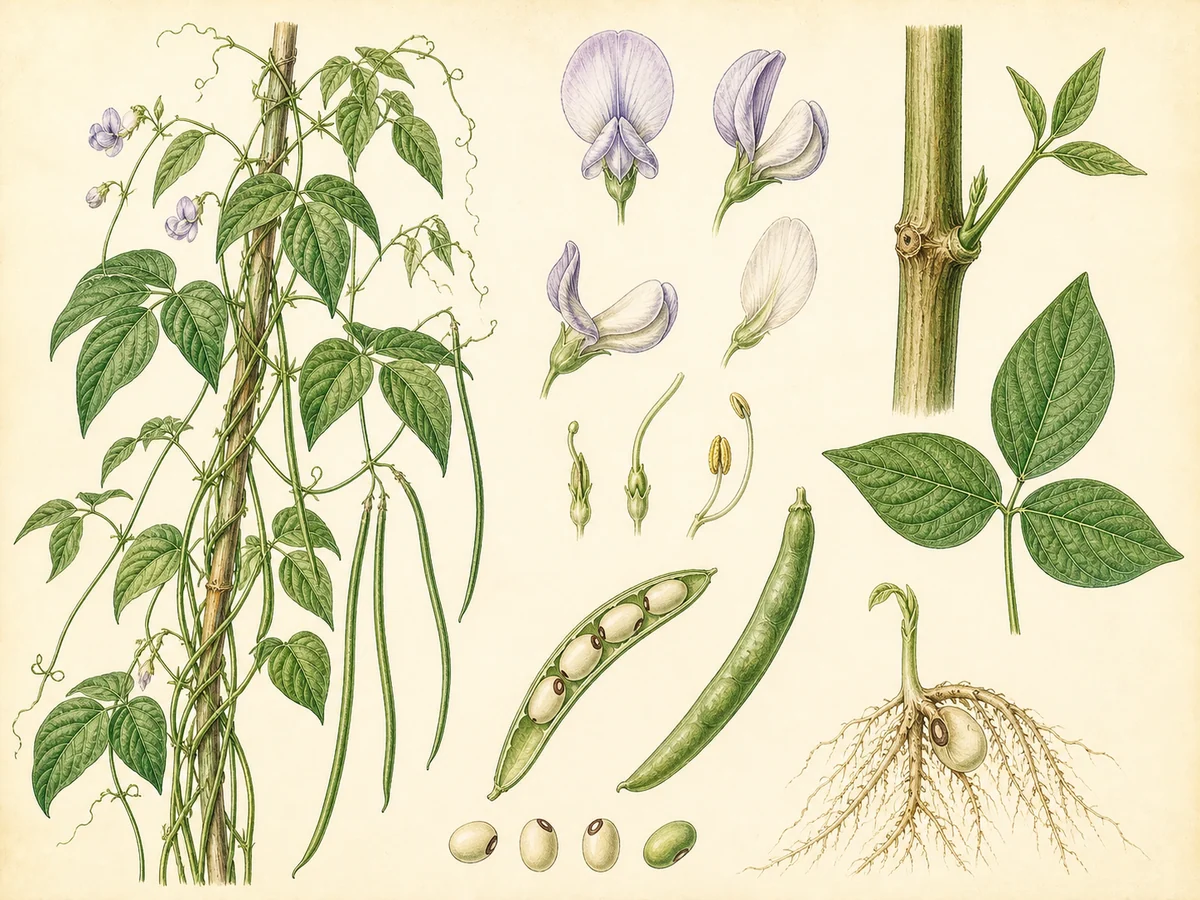 Prancha botânica complementar de Feijão-de-metro (Vigna unguiculata subsp. sesquipedalis) com caracteres de identificação e ciclo de vida