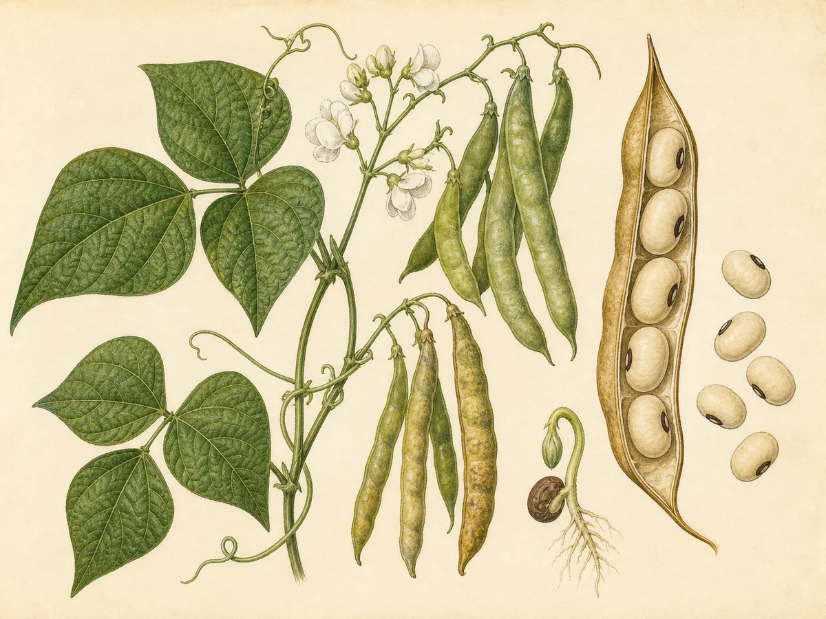Prancha botânica complementar de Feijão Murtosa (Phaseolus vulgaris 'Murtosa') com caracteres de identificação e ciclo de vida