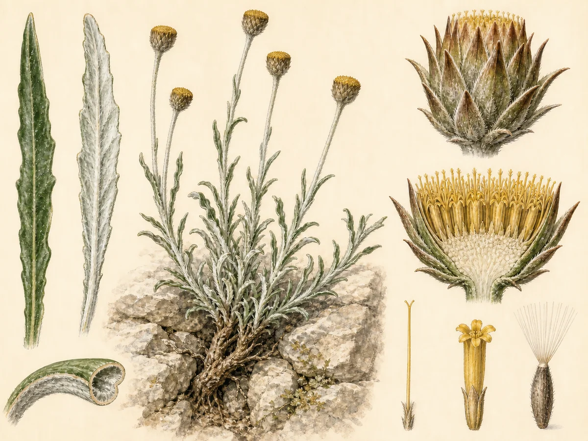 Prancha botânica complementar de Fel-da-terra-das-rochas (Phagnalon saxatile) com caracteres de identificação e ciclo de vida