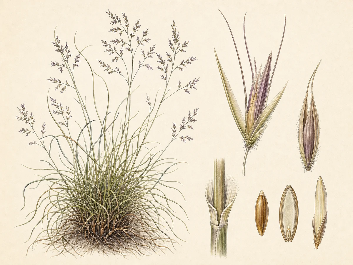 Prancha botânica complementar de Feno-da-Madeira (Avenella flexuosa subsp. maderensis) com caracteres de identificação e ciclo de vida