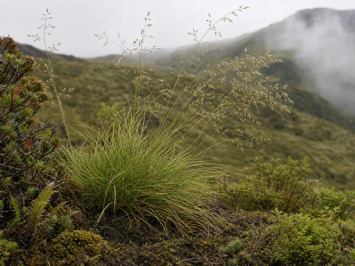 Prancha botânica complementar de Feno-dos-Açores (Avenella foliosa) com caracteres de identificação e ciclo de vida
