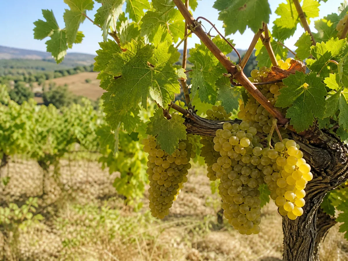Prancha botânica complementar de Videira Fernão Pires (Maria Gomes) (Vitis vinifera 'Fernão Pires') com caracteres de identificação e ciclo de vida