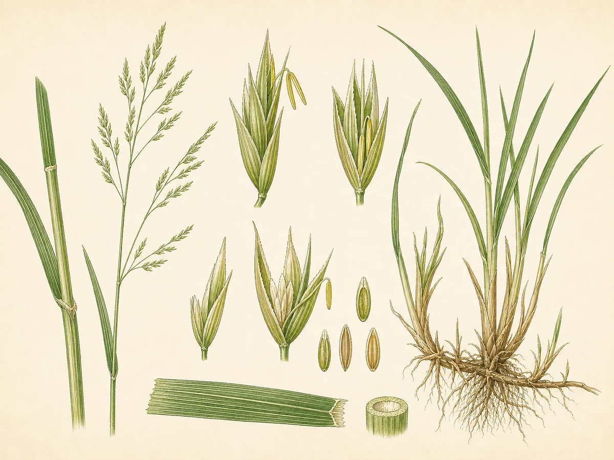 Prancha botânica complementar de Festuca-alta (Festuca arundinacea) com caracteres de identificação e ciclo de vida