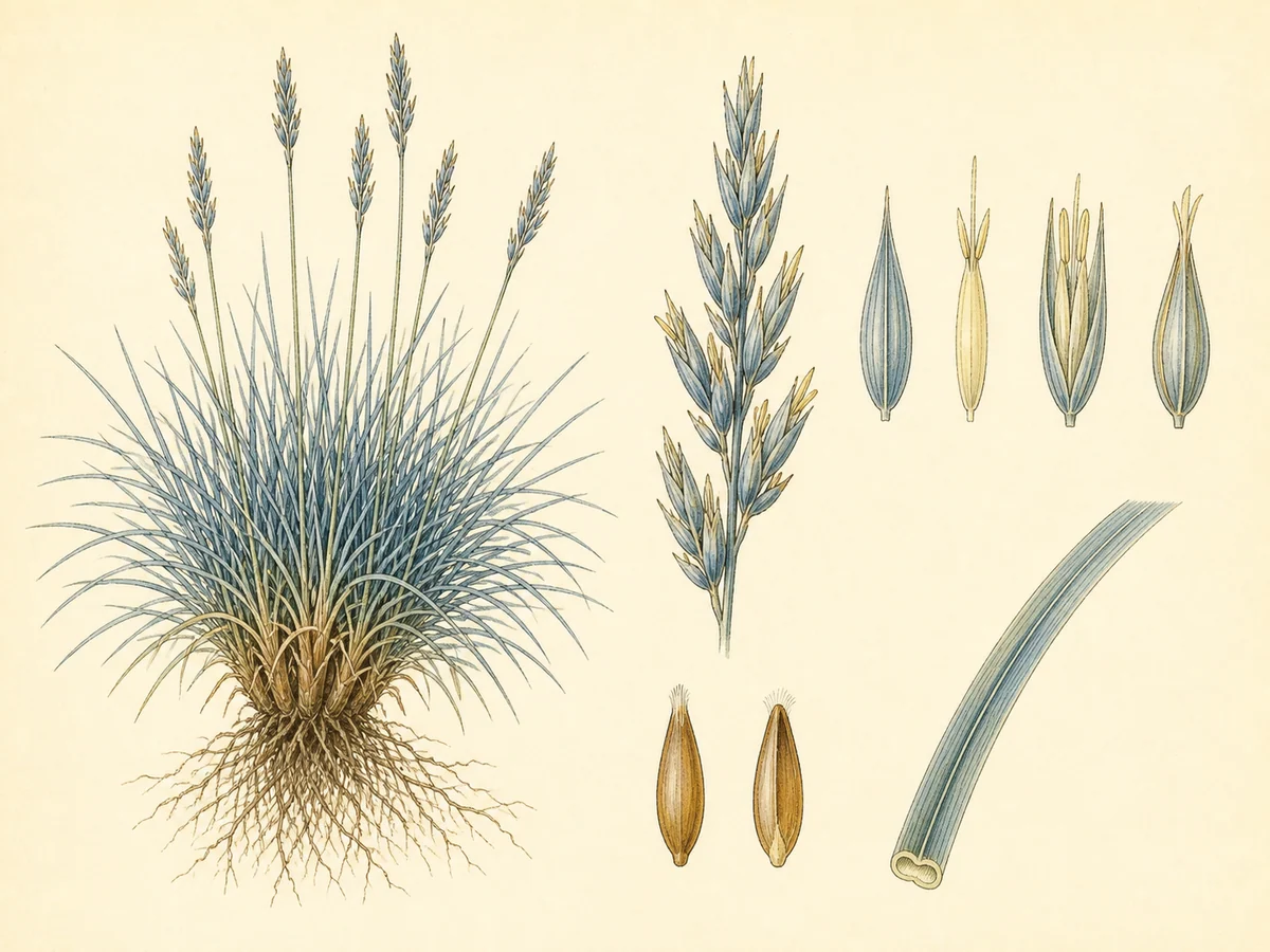 Prancha botânica complementar de Festuca-azul (Festuca glauca) com caracteres de identificação e ciclo de vida