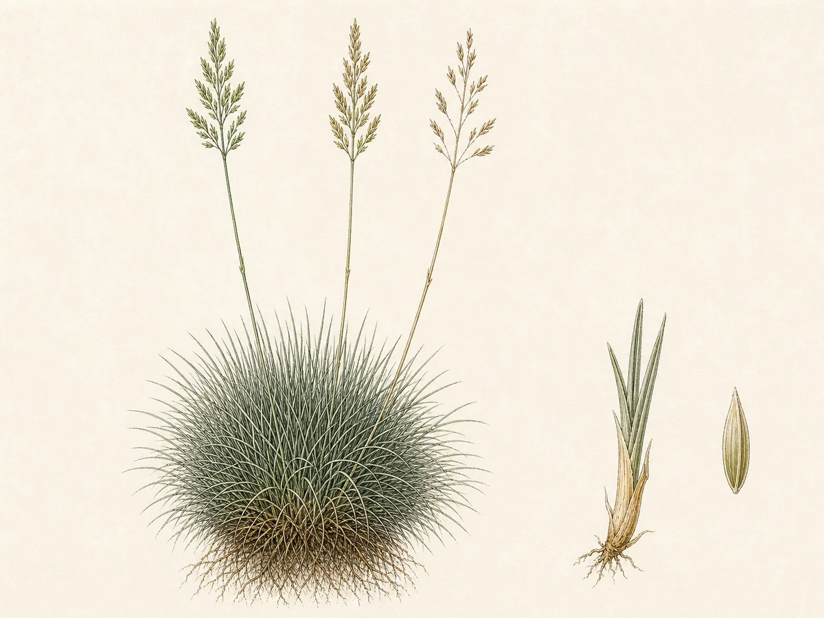 Prancha botânica complementar de Festuca-de-Bragança (Festuca brigantina subsp. brigantina) com caracteres de identificação e ciclo de vida