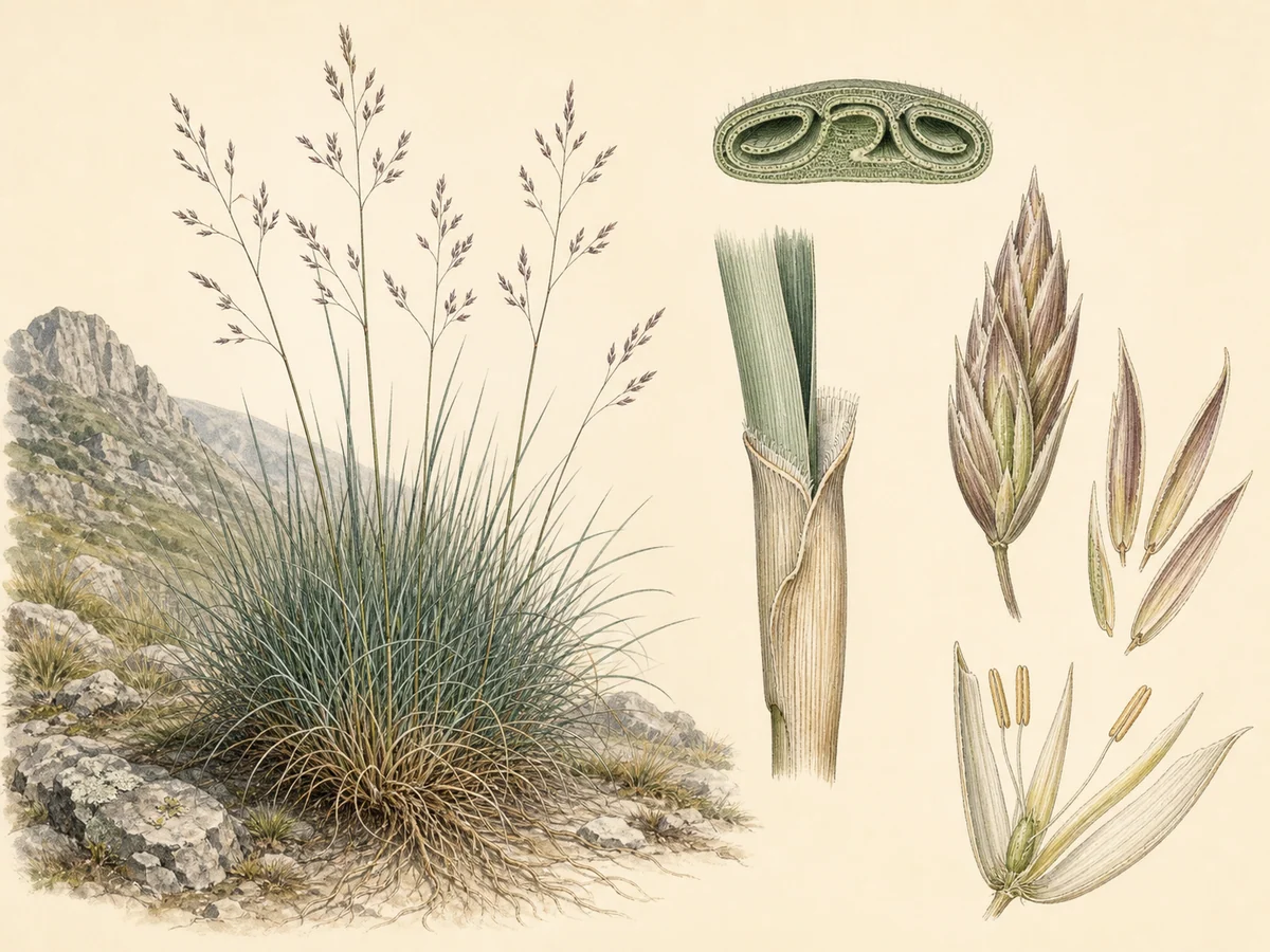Prancha botânica complementar de Festuca-elegante (Festuca elegans) com caracteres de identificação e ciclo de vida