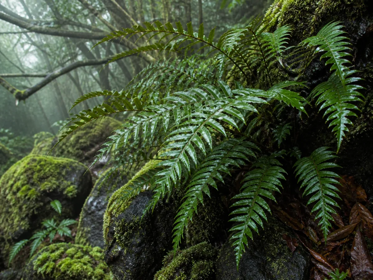 Prancha botânica complementar de Feto-de-foice-da-Madeira (Polystichum falcinellum) com caracteres de identificação e ciclo de vida