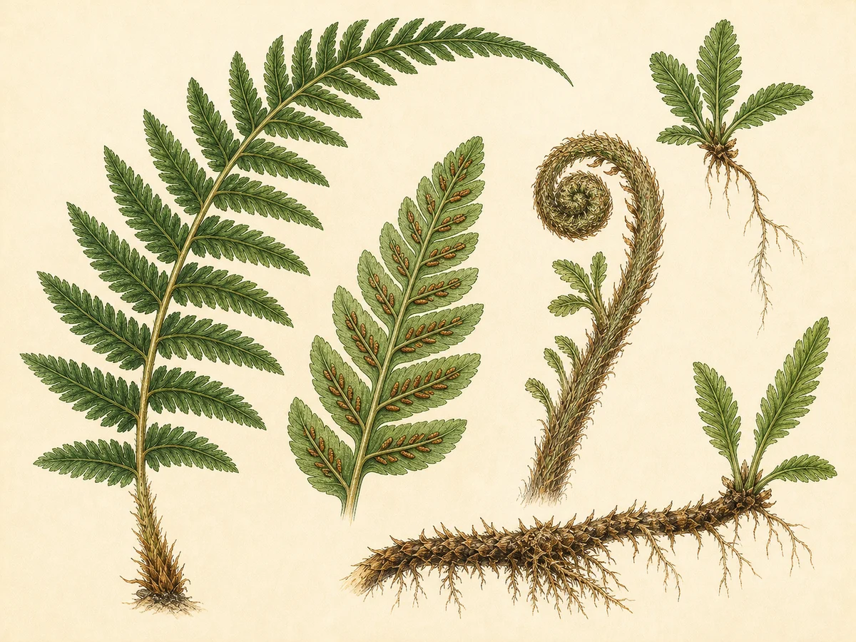 Prancha botânica complementar de Feto-do-botão (Woodwardia radicans) com caracteres de identificação e ciclo de vida