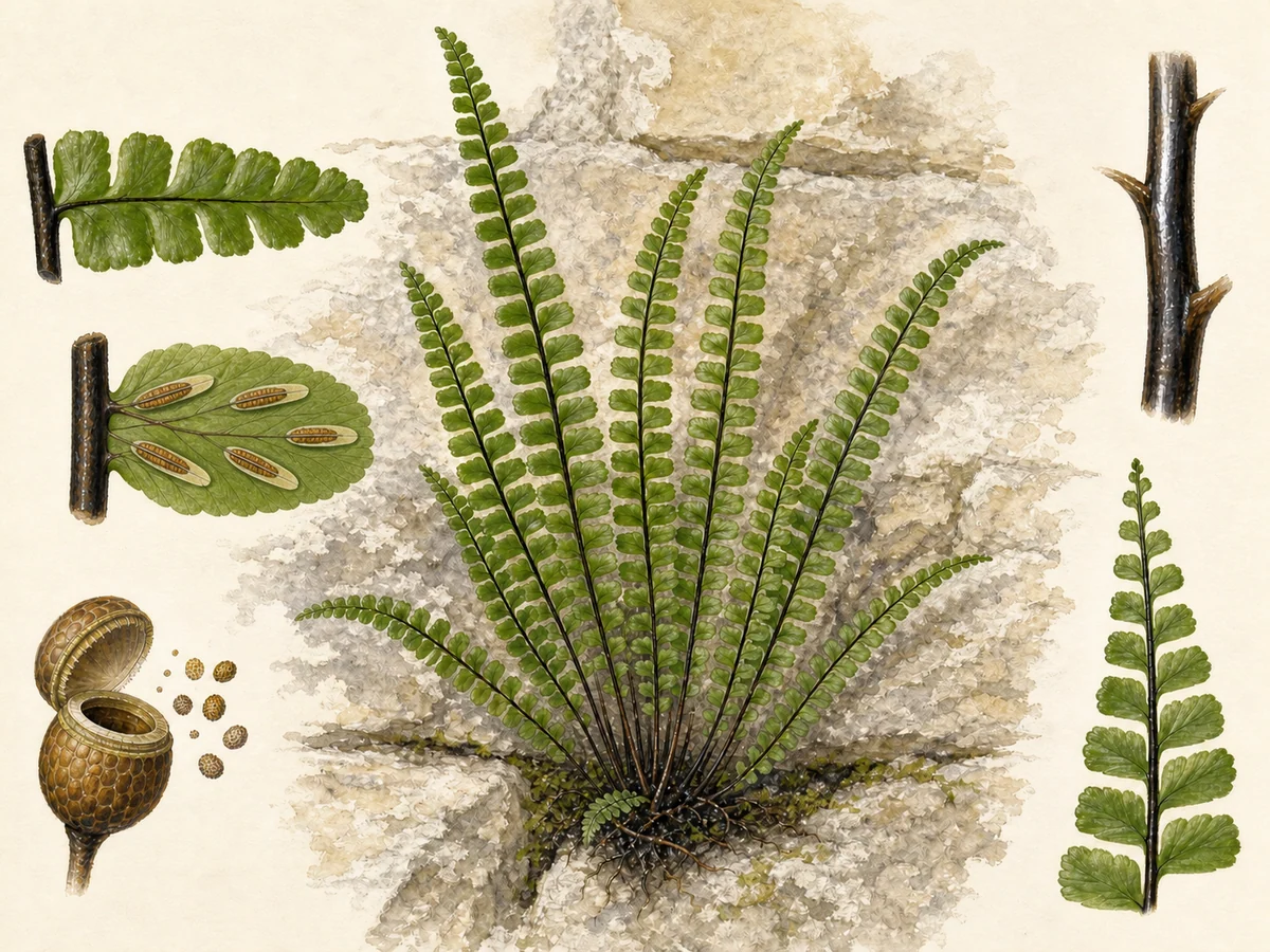 Prancha botânica complementar de Feto-dos-muros (Asplenium trichomanes subsp. quadrivalens) com caracteres de identificação e ciclo de vida