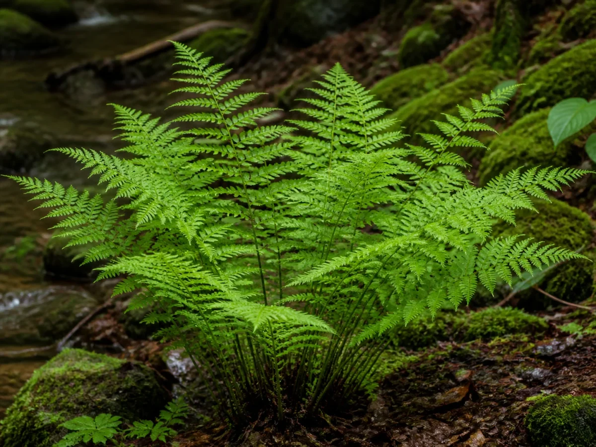 Prancha botânica complementar de Feto-fêmea (Athyrium filix-femina) com caracteres de identificação e ciclo de vida