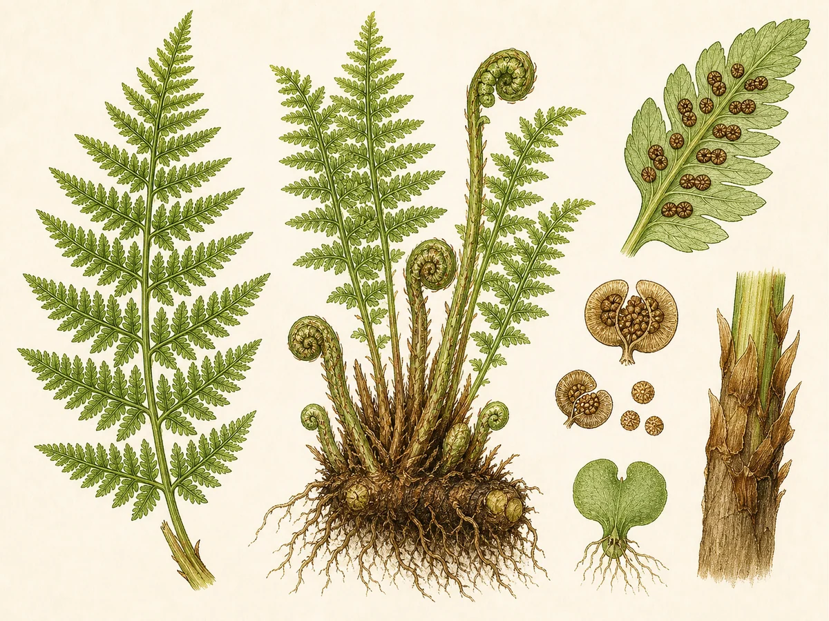 Prancha botânica complementar de Feto-macho (Dryopteris filix-mas) com caracteres de identificação e ciclo de vida