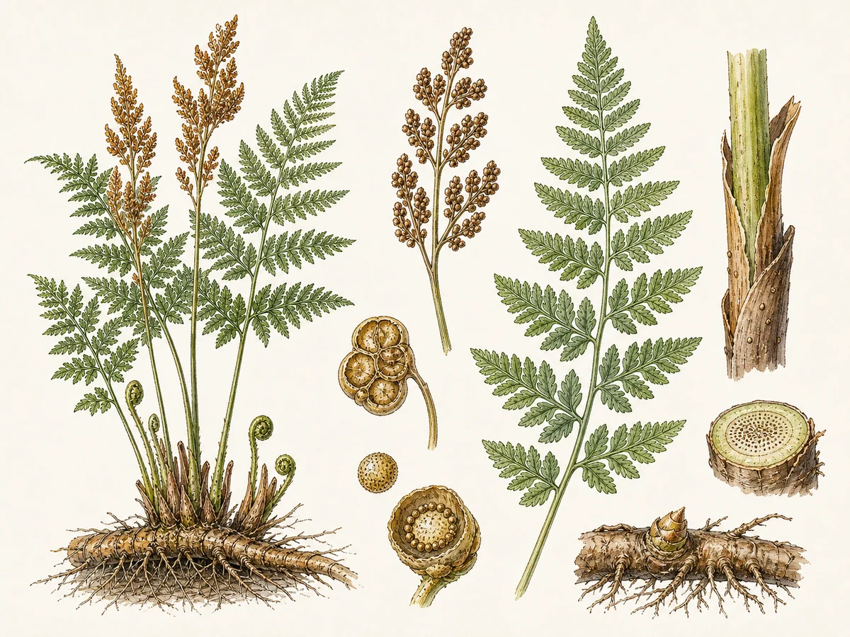 Prancha botânica complementar de Feto-real (Osmunda regalis) com caracteres de identificação e ciclo de vida