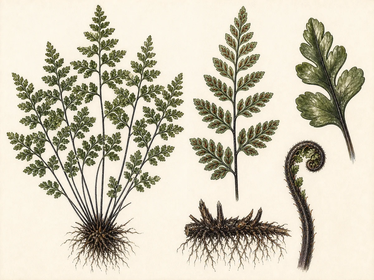 Prancha botânica complementar de Feto-serpentinícola (Notholaena marantae subsp. marantae) com caracteres de identificação e ciclo de vida
